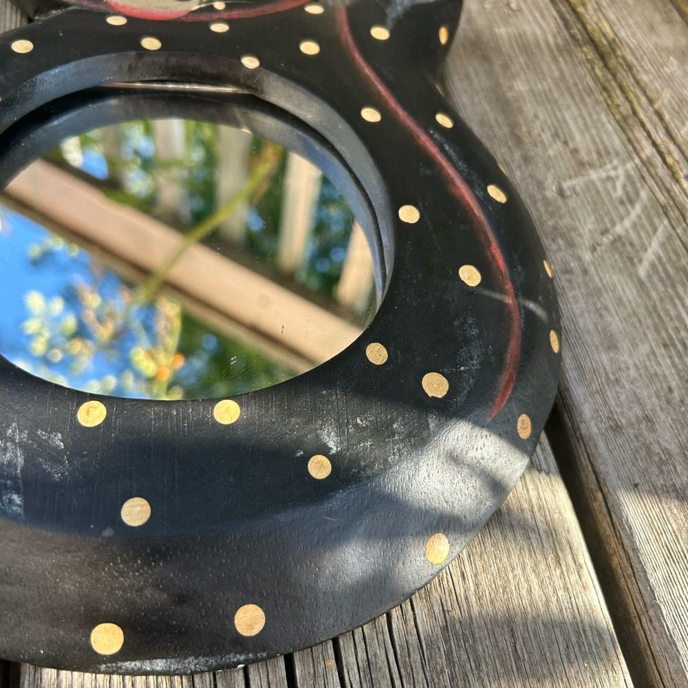 Vtg 90s Whimsical 12.5” X 8” Black Polk a Dot Cat Boho Mirror Indonesia - Picture 4 of 15